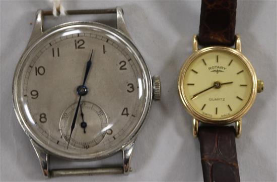 A gentlemans stainless steel Omega wristwatch, movement no. 8998523, c 1940 and a ladies 9ct gold-cased Rotary wristwatch